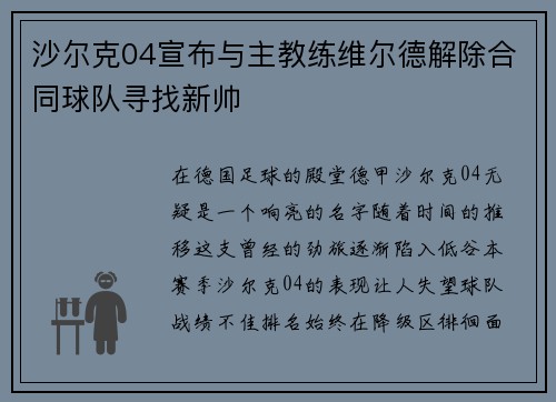 沙尔克04宣布与主教练维尔德解除合同球队寻找新帅